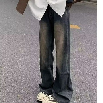 【老林】美式高街牛仔褲男 潮牌 cleanfit複古微喇褲子 潮牌寬鬆直筒闊腿長褲