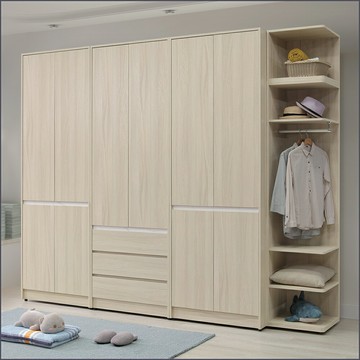 9.5×8尺高衣櫥(2.7尺雙吊+三抽+收納+1.5尺開放) 衣櫥+被櫃 四件組 收納衣櫃 拉門衣櫥 【163A3801】Leader傢居館163-HY969+HY970+HY971+HY920+HY921