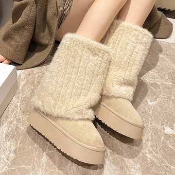 【35-42全尺碼】中筒靴．甜美純色毛毛拼接圓頭厚底雪靴．白鳥麗子