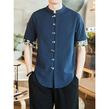 夏季中國風短袖唐裝中式盤扣拼色襯衫復古民族風休閑半袖上衣男裝