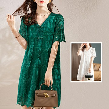 ＊ORead＊韓版v領蕾緹花絲洋裝(2色S~4XL)【限定加碼✿全館滿額再折】