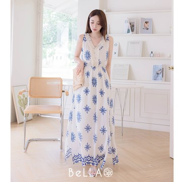 【初秋新品】BeLLA 波西米亞風情長洋裝 藍色