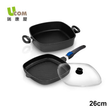 【瑞康屋】德國Ucom黑魔法不沾鍋-方型不沾鍋26cm雙鍋組+玻璃蓋