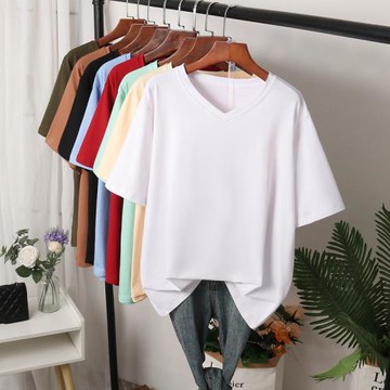 微胖正肩v領t恤女夏大碼純棉白色打底衫大領口顯瘦寬松上衣短袖潮