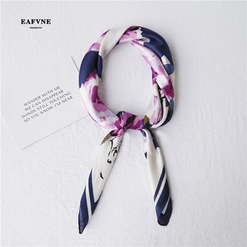 ins春秋新撞色圍巾水墨畫牡丹印花絲巾綁包小方巾女百搭領巾發帶1入