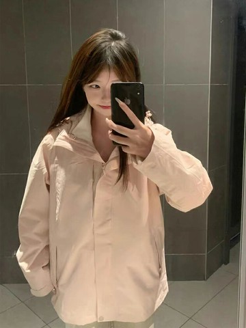 美式粉色沖鋒衣外套女冬季加絨加厚高級感羊羔毛棉襖韓系棉衣棉服