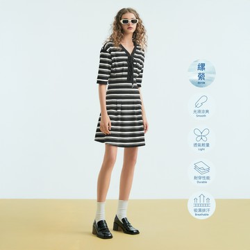 OUWEY歐薇 馬甲綁帶條紋五分袖洋裝(黑色；S-L)3233327729