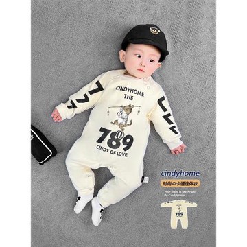 洋氣嬰兒連體衣2025春秋款純棉寶寶長爬哈衣春天卡通貓個性裝衣服