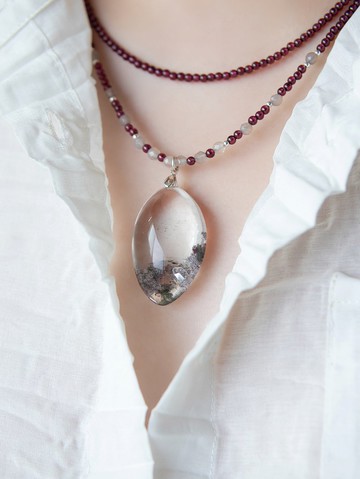 晶中晶 幽靈水晶吊墜  紫牙烏石榴石項鏈