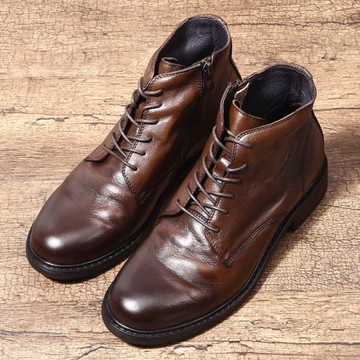 英倫風復古做舊褶皺馬丁高幫雕花真皮男士潮流休閑皮鞋厚底皮靴子