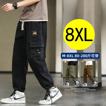 純棉工裝褲男夏季薄款美式潮牌寬松加肥加大碼胖子直筒束腳休閑褲