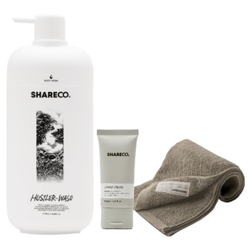 SHARECO 台灣公司貨 日常沐浴組 菸草香沐浴膠 + 淺棕純棉短浴巾 + 潔面乳體驗  1套