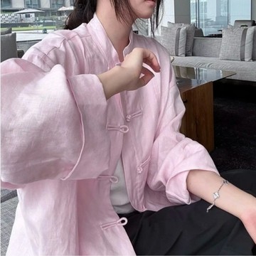 【ACheter】中式粉色亞麻功夫外套氣質漂亮國風盤扣# 126022