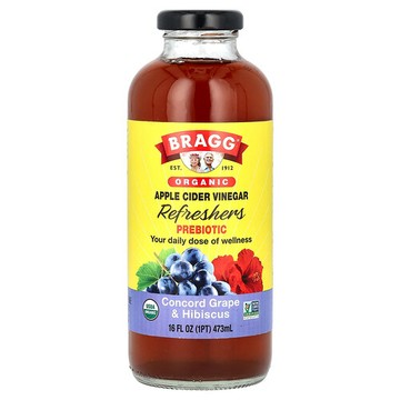 Bragg, 有機蘋果醋飲品，益生元，康科德葡萄和木槿味，16 液量盎司（473 毫升）