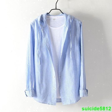 男士襯衫 秋季男士亞麻長袖襯衫 男日系藝文棉麻上衣 寬鬆連帽條紋襯衫 外套