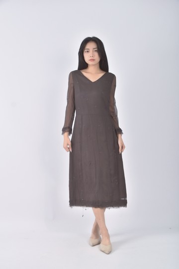(S) 質感紡紗長袖灰色洋裝