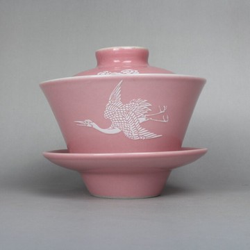 景德鎮建國瓷廠粉紅釉堆花云鶴蓋杯蓋碗 古玩古董老貨陶瓷器收藏