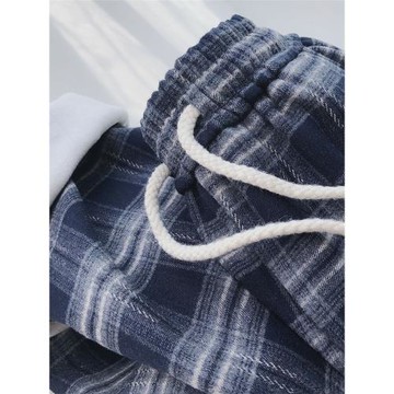 顯瘦藏青！保暖加絨加厚格子褲女寬松高腰直筒休閑闊腿褲拖地褲冬