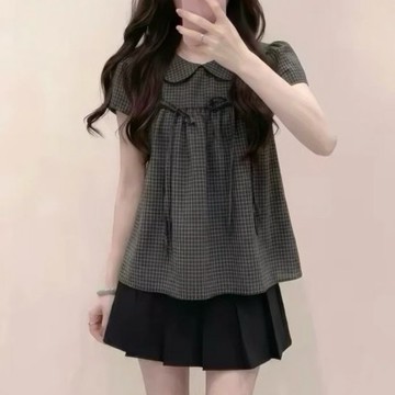 Muun Studio 韓系復古格紋蝴蝶結綁帶短袖襯衫女t恤夏季學院風日系娃娃領上衣