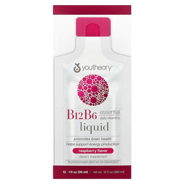 Youtheory, B12 B6 Liquid，On Th Go，樹莓味，12 包，每包 1 液量盎司（30 毫升）
