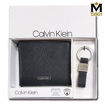 【CK】Calvin Klein 男皮夾 短夾防刮皮+CK鑰匙圈套組 簡式卡夾 盒裝提袋深藍