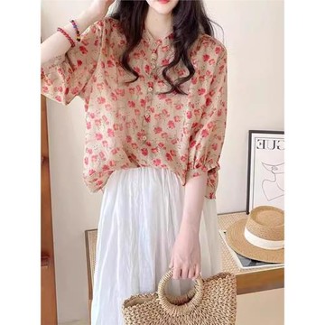 韓版寬松碎花娃娃衫上衣2025夏季新款印花短袖襯衫女洋氣減齡小衫