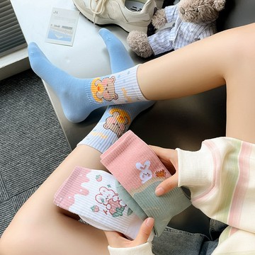 VIVILIAN日系可愛卡通動物圖案純棉中筒襪子⑤色