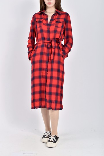 (S) knights bridge質感棉質格紋長袖純棉紅色洋裝