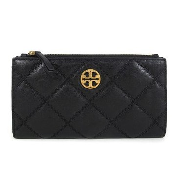 TORY BURCH WILLA 金屬圓標鏤空雙T LOGO刷舊绗縫皮革長夾(黑色)