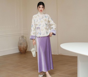 【紫蝶杏】新中式復古中國風 斜襟盤扣/絲絨短外套/半裙