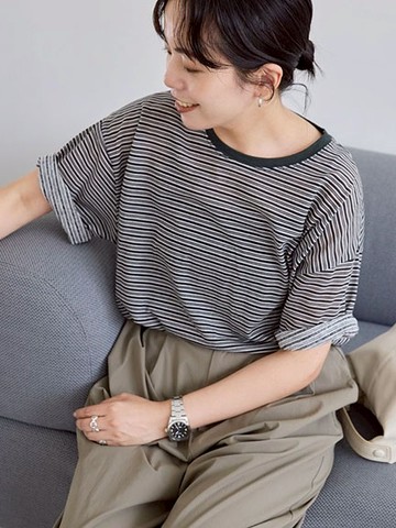 復古疊色條紋落肩短袖上衣(0H000596000) - AMERICAN HOLIC
