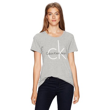 美國百分百【Calvin Klein】T恤 CK 女 短袖 大圓領 T-shirt 大logo 灰色 S號 I172