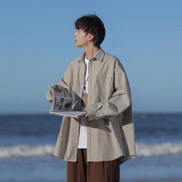 條紋襯衫男長袖春秋新款潮流高級感休閑襯衣日系cityboy男裝外套