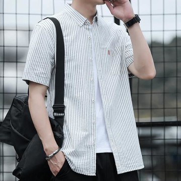 夏季男士條紋白色襯衣純棉韓版休閑寸薄款大碼青年寬松短袖襯衫潮