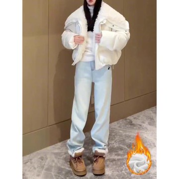 小馬刺繡淺藍色加絨牛仔褲女冬季2025新款褲子高腰顯瘦窄版直筒褲