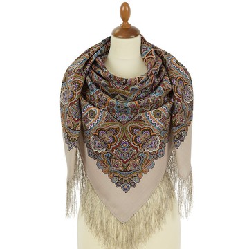 Pavlovo Posad 俄羅斯羊毛披肩圍巾 100% 羊毛 125x125 公分 蠶絲流蘇 款式 1903-2