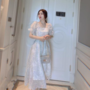 yanyan法式復古漏鎖骨收腰顯瘦泡泡袖雪紡碎花連衣裙子公主裙超仙