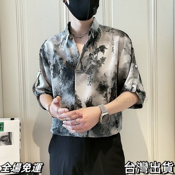 台灣現+出  【96%好評率】2024新款夏季新中式襯衫男休閒痞帥七分袖男裝上衣薄款國風襯衣男AQ
