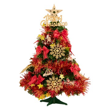 【摩達客】2尺(60cm)精緻型裝飾綠色聖誕樹/金雪花木質吊飾紅金系全套飾品組 (不含燈)