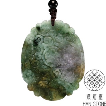 【漢石齋】天然翡翠A貨 四方來蝠玉佩吊墜 飄花種(52*41*6mm