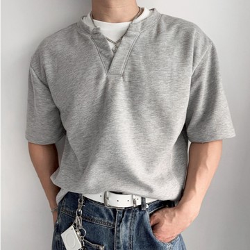 【20ss_select】韓系 假兩件V領短寬上衣 挺版剪裁 約會穿搭 韓系穿搭 假兩件短袖 短T 上衣 素T 短袖男