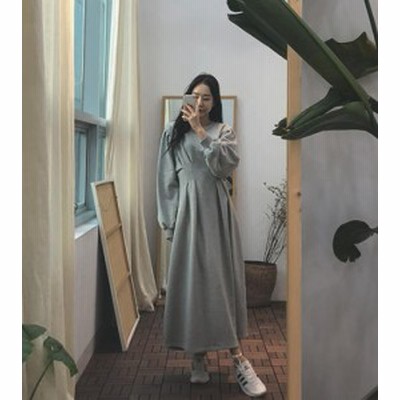 オルチャン 韓国 ファッション ワンピース スウェット ワンピ ロング丈 ボリューム袖 タック フレア 長袖 ゆったり 無地 ベーシック カジ 通販 Lineポイント最大get Lineショッピング