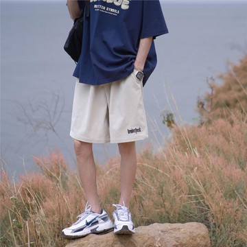 男裝豎條紋肌理休閑短褲夏季直筒寬松刺繡抽繩松緊腰五分運動中褲