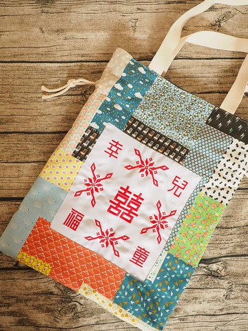 英國製作 懷舊幸福兒童刺繡 彩色拼布 手挽側揹索繩托特包