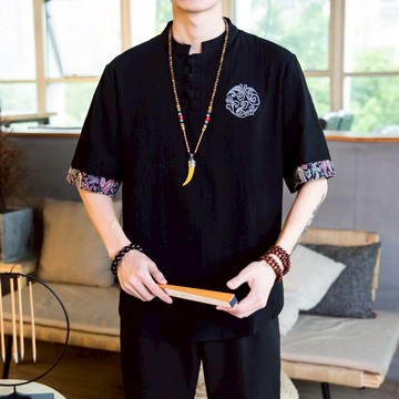 夏季中國風亞麻棉麻襯衫男短袖中式立領復古盤扣刺繡唐裝半袖襯衣