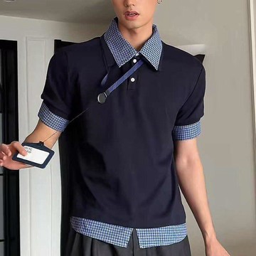 撞色拼接假兩件男T 寬鬆 Oversize 假兩件POLO衫短袖男款夏季美式格紋穿搭高級感休閒半袖T恤襯衫0728