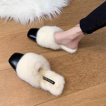 社會外穿女棉拖鞋平底小方頭低跟2021氣質秋冬包頭懶人毛毛半拖鞋