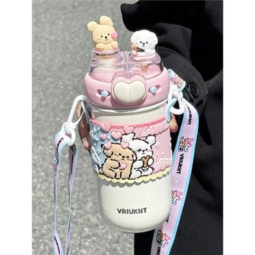 可愛小狗雙飲保溫杯女生高顏值316不銹鋼學生上學兒童吸管水杯子