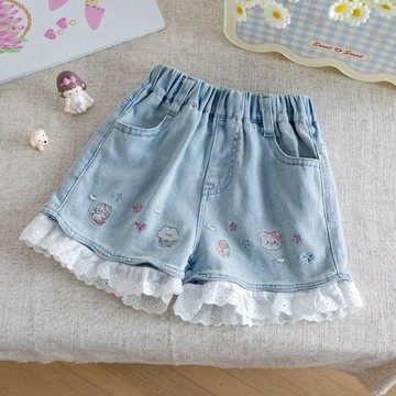 【桃園⭐出貨】童裝新款女童小童韓版花邊刺繡柔軟牛仔短褲 洋氣百搭兒童褲子 小童韓版休閒褲 花邊刺繡兒童褲