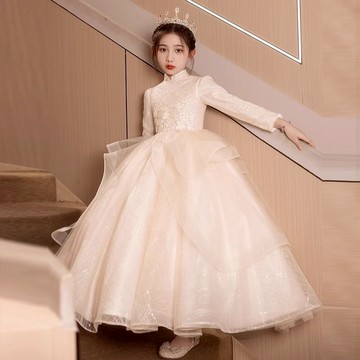 絕美女童禮服裙秋冬長袖花童婚禮小女孩生日公主裙主持人童模走秀